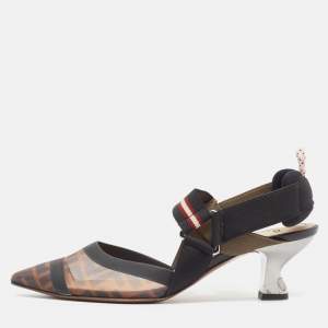 Fendi Black/Brown Zucca Mesh Colibri Slingback Pumps Size 37.5 