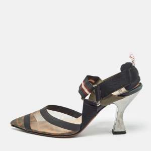 Pre Owned Fendi Brown/Black Mesh and Canvas Colibri Slingback Pumps Size 36