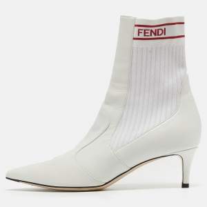Pre Owned Fendi White Leather and Knit Fabric Kitten Heel Sock Boots Size 38