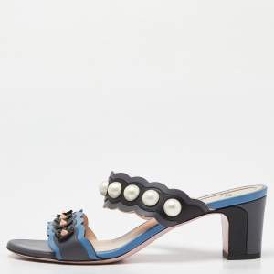 Fendi Grey/Blue Leather Faux Pearl Embellished Slide Sandals Size 38.5