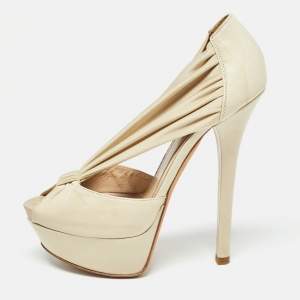 Pre Owned Fendi Cream Leather and Stretch Fabric Peep Toe Platform Pumps Size 38