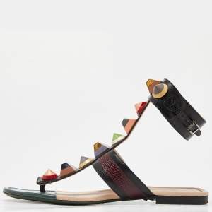 Fendi Multicolor Leather Studded Ankle Cuff Flat Sandals Size 37