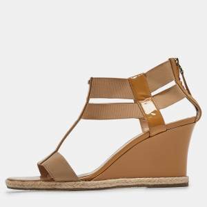 Fendi Brown Patent Elastic Wedge Sandals Size 39