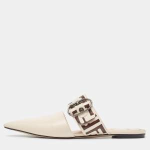 Pre Owned Fendi Cream Leather FF Embossed Flat Mules Size 39.5