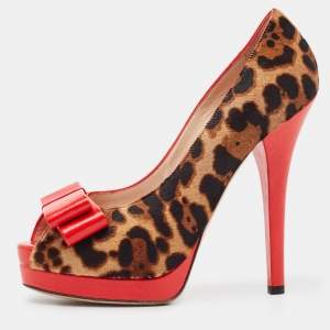 Pre Owned Fendi Red/Brown Calf Hair and Leather Peep Toe Pumps Size 40