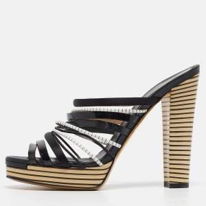 Fendi Black Leather and Satin Strappy Platform Slide Sandals Size 41