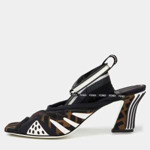 Pre Owned Fendi Brown/Black Mesh and Zucca Fabric Ankle Strap Slingback Sandals Size 36