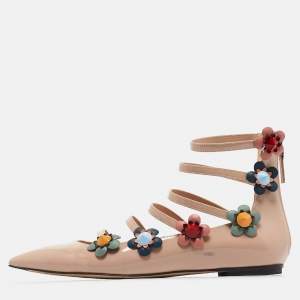 Fendi Beige Patent Leather Flowerland Ankle Strap Flats Size 38.5