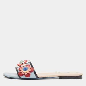 Fendi Blue Leather Flowerland Flat Slides Size 37