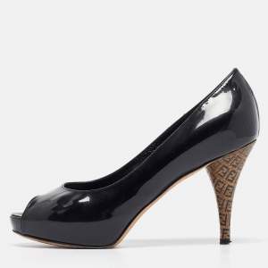 Fendi Black Patent Leather Zucca Heel Platform Pumps Size 35