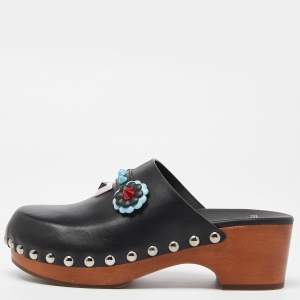 Pre Owned Fendi Black Leather Embellished Clogs Size 38.5