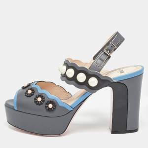 Pre Owned Fendi Grey/Blue Leather Faux Pearl Embellished Platform Sandals Size 40