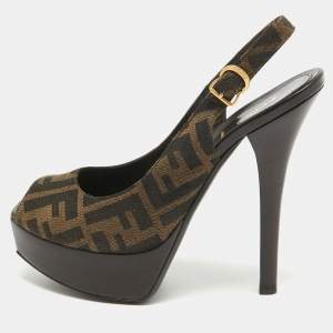 Pre Owned Fendi Brown/Beige Canvas Slingback Peep Toe Sandals Size 38