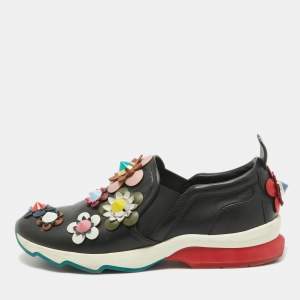 Fendi Black Leather Flowerland Slip On Sneakers Size 38