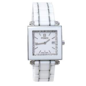 Pre Owned Fendi White Ceramic Stainless Steel Diamond Quadro 6200G Women's Wristwatch 30 mm