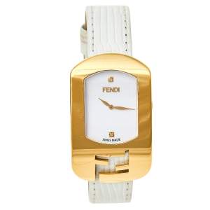 Fendi White Yellow Gold Plated Stainless Steel Leather Chameleon 30000M Women's Wristwatch 29 mm 