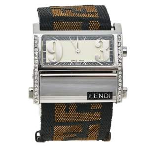 Pre Owned Fendi Cream Stainless Steel and Canvas Diamond Zip Code 1120L Women's Wristwatch 38 mm