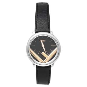 Pre Owned Fendi Black Two-Tone Stainless Steel Leather Run Away 71000M Women's Wristwatch 36 mm