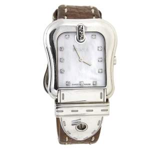 Fendi Mother of Pearl Diamond Stainless Steel Leather B.Fendi 3800G Women's Wristwatch 33 mm