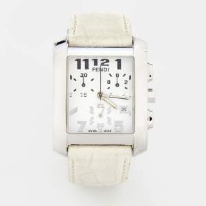 Fendi White Stainless Steel Leather Chronograph Orologi 7500G Women's Wristwatch 32 mm