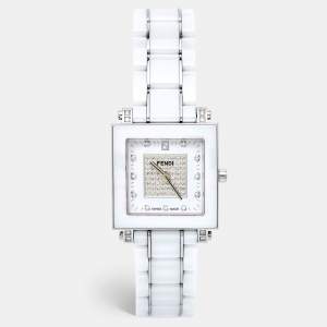Fendi White Ceramic Stainless Steel Diamonds Quadro 6200G Women's Wristwatch 30 mm