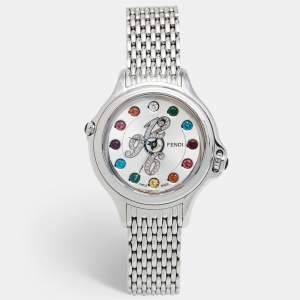 Fendi Silver Stainless Steel Diamond Colored Sapphire Crazy Carats 10500M Women's Wristwatch 38 mm