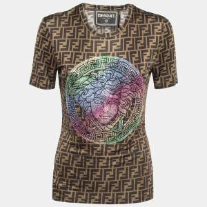 Fendi x Versace Brown Monogram Jersey Crystal Embellished T-Shirt M