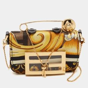 Fendi x Versace Yellow/Black Baroque Fabric Nano Fendace Baguette Charm Bag