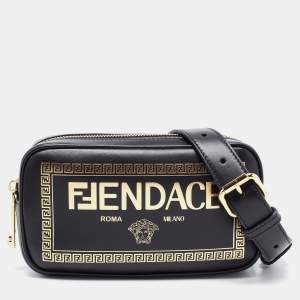 Fendi x Versace Black Leather Logo Print Fendace Camera Bag