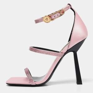 Fendi x Versace Pink Satin Crystal Embellished Ankle Strap Sandals Size 37.5