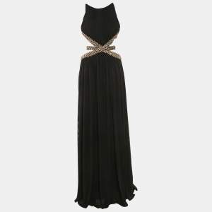 Forever Unique Black Mesh Contrast Gold Trim Detail Maxi Dress M