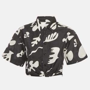 Pre Owned قميص مزيج قطن مطبوع أسود / أبيض بتصميم ملتف أمامي إطار صغير