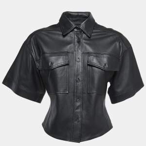 Frame Black Leather Button Front Half Sleeve Shirt S