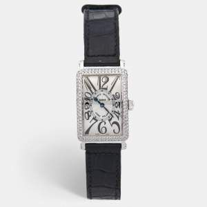 Franck Muller Silver 18K White Gold Diamond Alligator Leather Long Island 900 QZ D Women's Wristwatch 23 mm