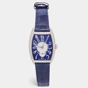 Franck Muller Blue Diamond Pave 18K White Gold Alligator Leather Cintree Curvex 7500 S6 D CD Women's Wristwatch 29 mm