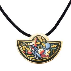 Pre Owned Frey Wille Bird Motif Green Fire Enamel Gold Plated Half Moon Pendant