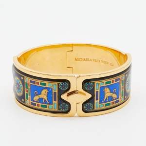 Pre Owned Frey Wille Vintage Gold Plated Greco-Roman Lion Enamel Bangle Bracelet