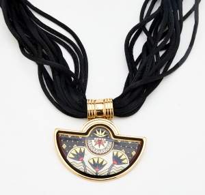 Pre Owned Frey Wille Fire Enamel Gold Plated Multi Strand Silk Cord Halfmoon Pendant Necklace