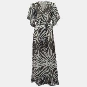 From Angie Black/White Zebra Print Crepe Belted Long Coat M