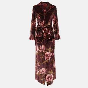 F.R.S For Restless Sleepers Burgundy Floral Print Velvet Robe Dress M