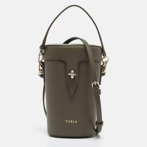 Furla Sage Green Leather Mini Net Bucket Bag