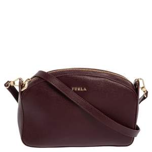 Pre Owned Furla Burgundy Leather Zip Crossbody Bag