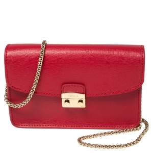 Pre Owned Furla Red Leather Metropolis Chain Shoulder Bag