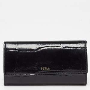 Pre Owned Furla Black Croc Embossed Leather Continental Wallet