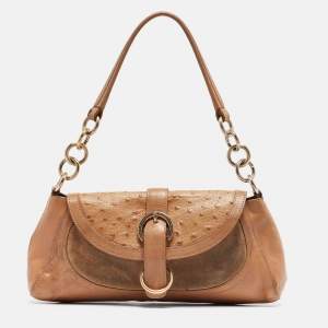 Furla Beige Suede, Ostrich Embossed and Leather Buckle Flap Hobo