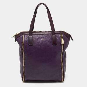 Furla Purple Leather Zip Shopper Tote