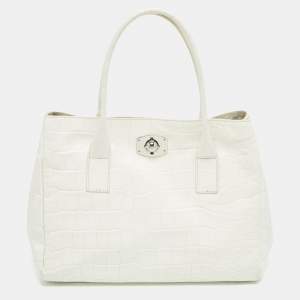 Furla White Croc Embossed Leather Turnlock Tote