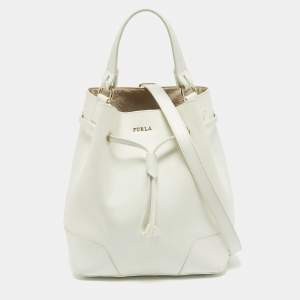 Furla White Leather Stacy Drawstring Bucket Bag