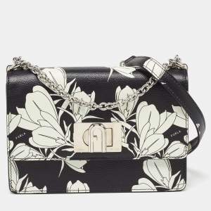 Furla Black/White Leather Floral Print 1927 Mini Crossbody Bag