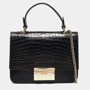 Furla Black Croc Embossed and Leather Mini Bella Top Handle Bag